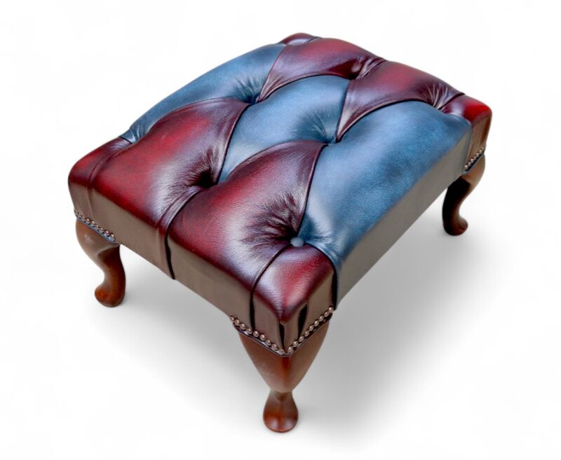 Chesterfield Duke Timeless Queen Anne Patchwork Antique Oxblood & Blue Leather Footstool