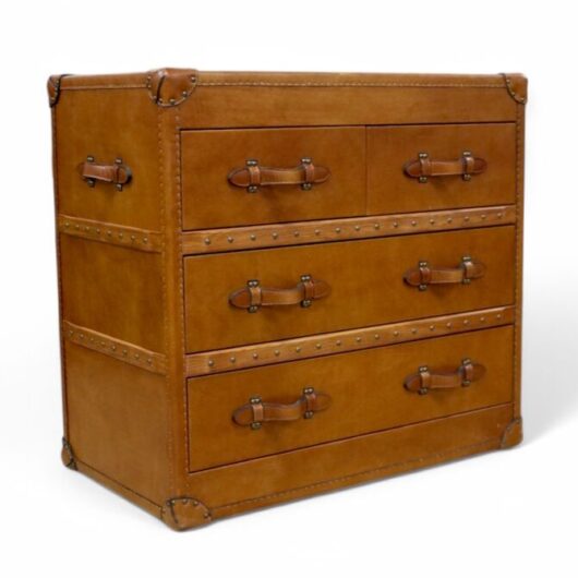 Vintage Tan Leather Chest of Drawers Steamer Trunk Style Dresser | Antique Storage Furniture