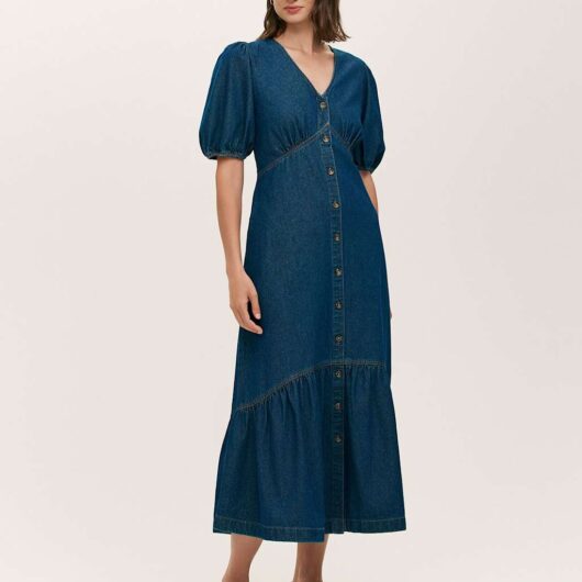 Finery London Denim Button Through Midi Tiered Dress Blue