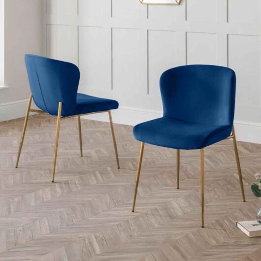 Hirosan Blue Velvet Dining Chairs with Gold Legs in Pair