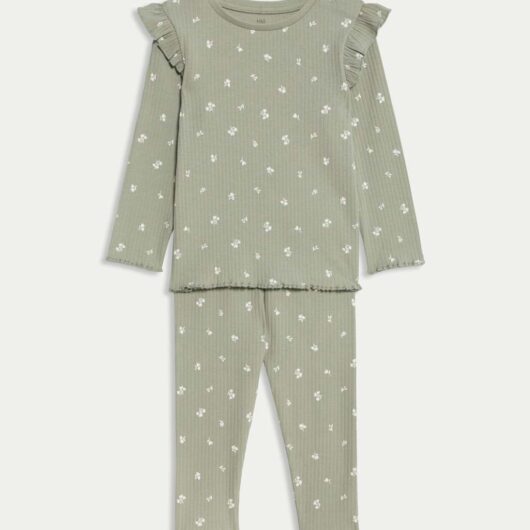 M&S 2pc Cotton Rich Ditsy Top & Bottom Outfit (0-6 Yrs) Green