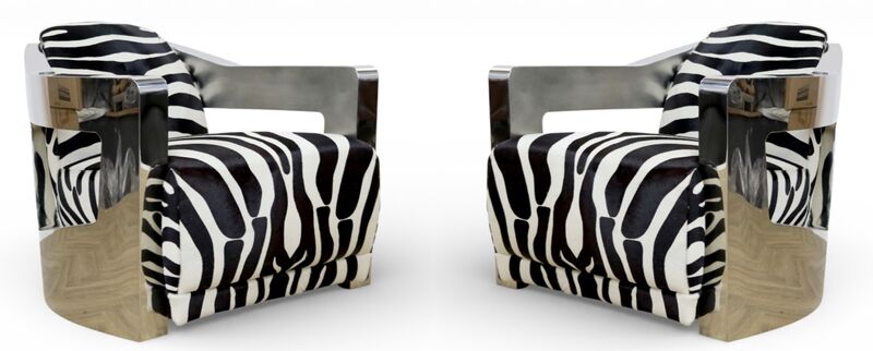 Pair Of Man Cave Aviator Luxury Zebra Hide Leather Lounge Armchairs Aluminium