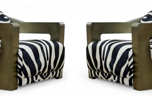 Pair Of Man Cave Aviator Luxury Zebra Hide Leather Lounge Armchairs Brushed Antique Brass Aluminium