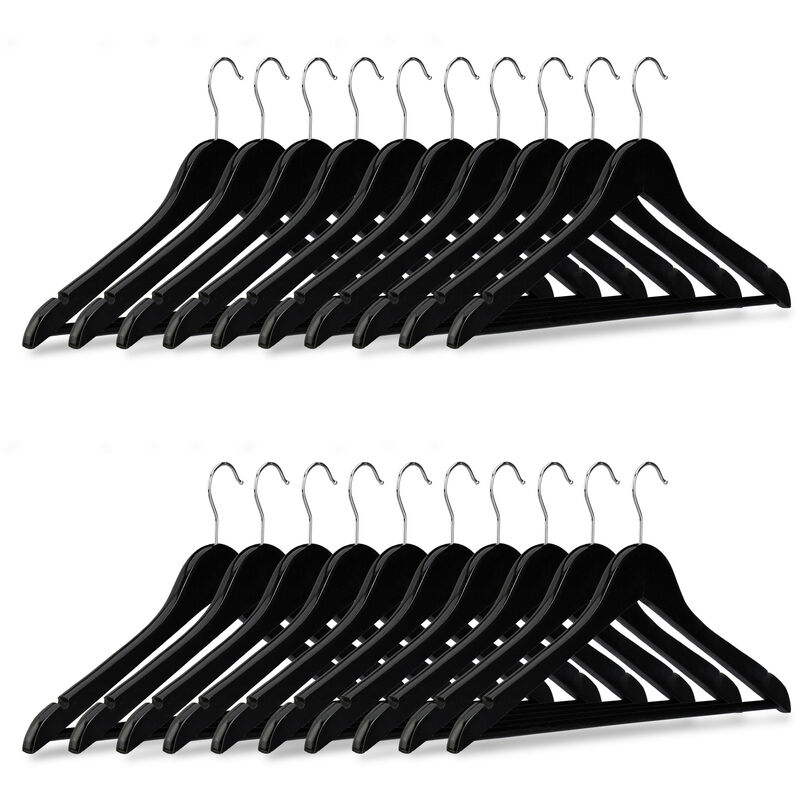 Relaxdays Wooden Coat Hanger Set, Pack of 20 Clothes Hangers for Trousers and Shirts, H x W x D: 23 x 44 x 1 cm, Black