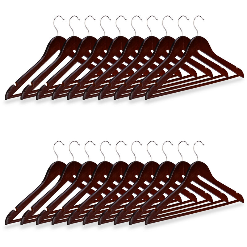 Wooden Coat Hanger Set, Pack of 20 Clothes Hangers for Trousers and Shirts, h x w x d: 23 x 44 x 1 cm, Brown - Relaxdays